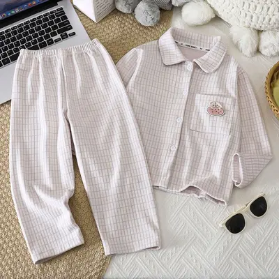 Children's Plaid Pajama Set Long Sleeve Two-Piece Loose Fit - 8