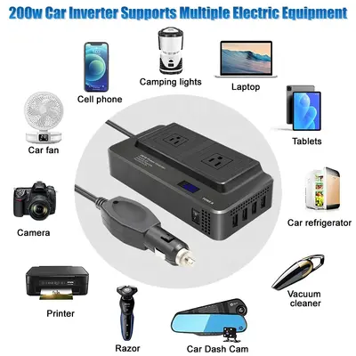 200W Araç İçi İnverter, DC12V/24V'dan 110V/220V'a, Modifiye Sinüs - 5