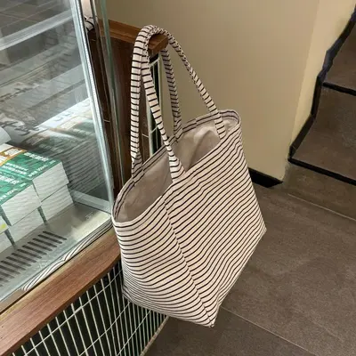 Korean Style High-Appearance Striped Canvas Tote Bag Large Capacity New Model Commute Handbag Single Shoulder Bag Women Shopping Bag