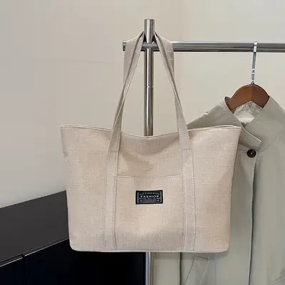 Women's Shoulder Tote, Imitation Linen Shopping Bag, Large Capacity - 5