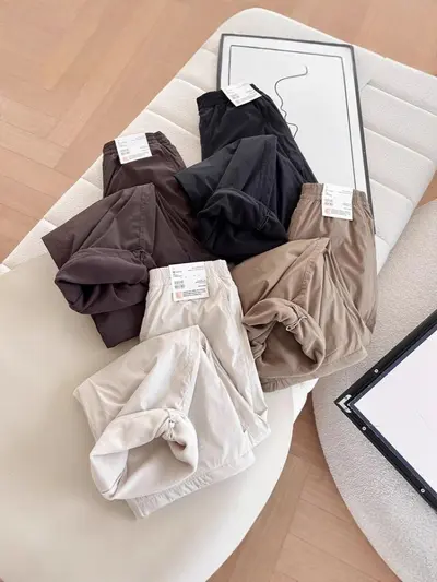 Kadın fleece astarlı paraşüt kargo pantolon, yüksek bel, lastikli, bol paça