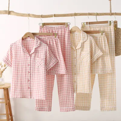 Double-Layer Pure Cotton Gauze Women's Short-Sleeve Pajama Set, 3-Piece