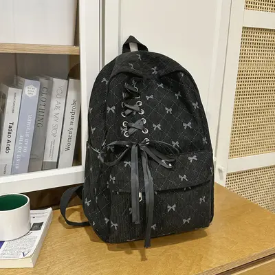 Corduroy Bow Backpack for Women and Students - 7