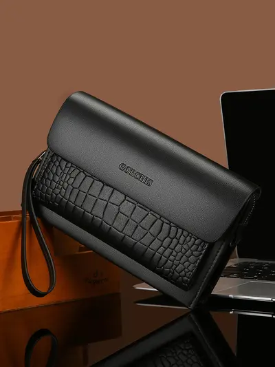 Herren-Clutch mit Zahlenschloss, Krokodilprägung, weiches Leder