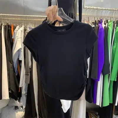 Trend Schickes Slim-Fit Kurzarm Weiß Damen-T-Shirt Amerikanischer Stil Einzigartiges Grau Oberteil Vielseitiges Schwarz Untert-Shirt - 9