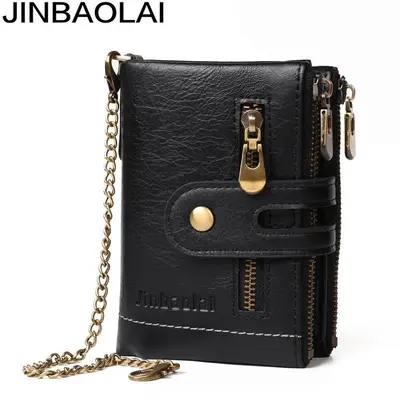 JINBAOLAI Retro Zincirli Çift Fermuarlı Erkek Cüzdan, Madeni Para Bölmeli