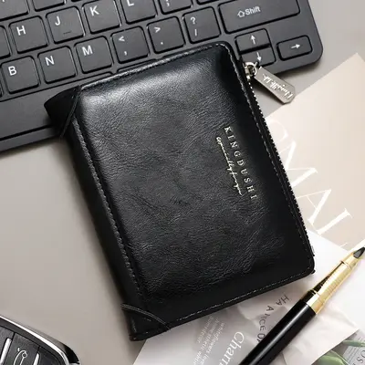 Men's Short Wallet, Retro Business Style, Side-Zip Coin Pouch - 6