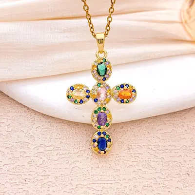 Kreuz-Halskette mit farbigen Zirkonia, Damen-Modeschmuck - 11