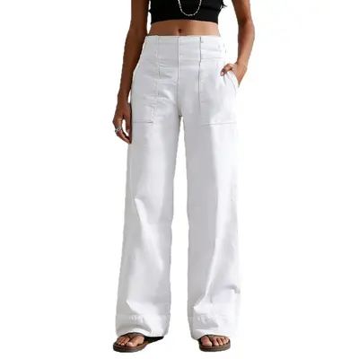 Damen-Sommerhose aus Baumwoll-Leinen, weites Bein, elastischer Bund, einfarbig
