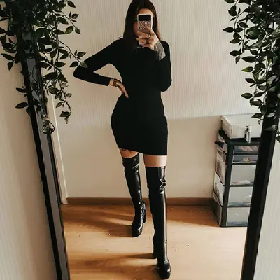 Seksi diz üstü yüksek topuklu çizme, yan fermuarlı, elastik