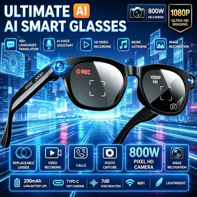 CY03 intelligente Brille mit Kamera 800W Pixel Foto Video Aufnahme austauschbare Gläser KI intelligente Brille - 2