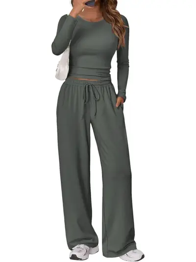 Women's Sports Yoga Set, Autumn Winter Solid Color Long Sleeve Round Neck - 10