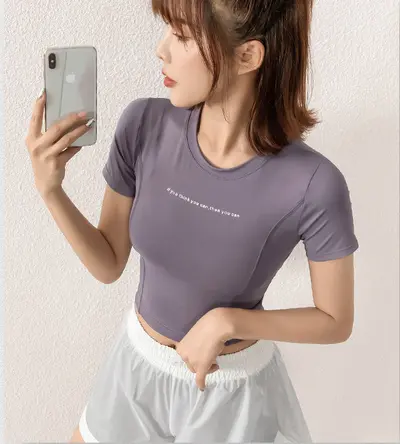 Kadın Yoga Üstü Kısa Kollu Crop Top, Hızlı Kuruyan Nefes Alabilir Spor T-Shirt - 8