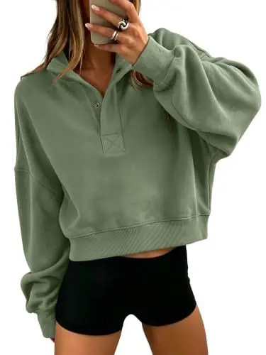 Henley Yaka Uzun Kollu Sweatshirt, Yumuşak ve Rahat Kesim, Sonbahar Kış - 10