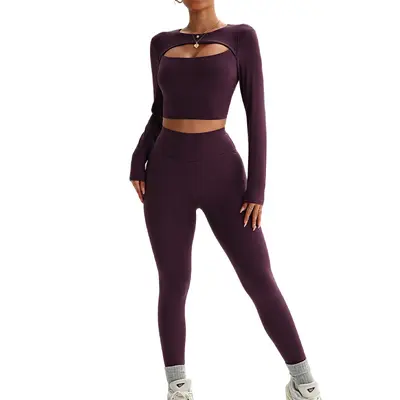 现货高弹假两件瑜伽服套装女修身显瘦高腰提臀健身运动紧身衣裤 - 7