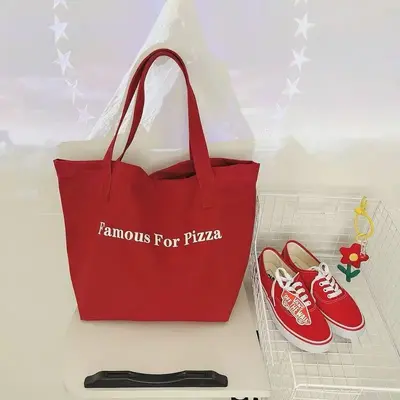 Red Letter Print Canvas Tote Bag with Large Capacity