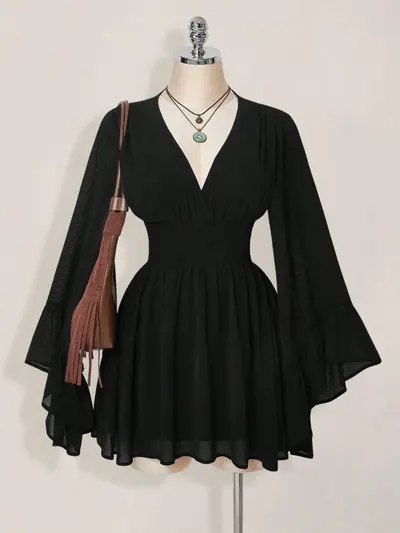 Deep V-Neck Waist-Cinching Short Flared Sleeve Mesh Dress, Solid Colour - 8