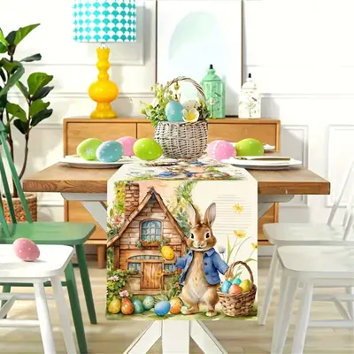 Easter Linen Table Runner with Rabbit Print - 10