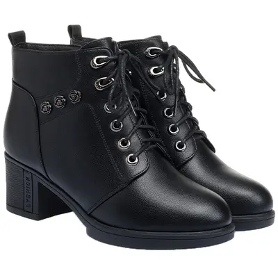 Middle-Aged Mom Short Boots Fleece-Lined Warm Leather Shoes Autumn Winter Soft-Sole Versatile Mid-Heel Middle-Aged and Elderly Cotton Shoes Eight-Eye Martin Boots