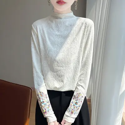 Women's Half Turtleneck Long-Sleeve Base Layer Top, Retro Embroidery - 8
