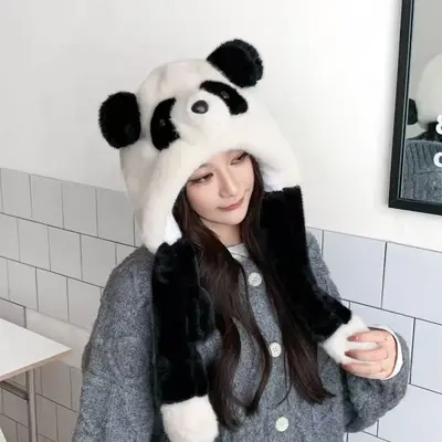 Kış peluş şapka, hareketli panda kulaklı, rüzgar geçirmez ve sıcak