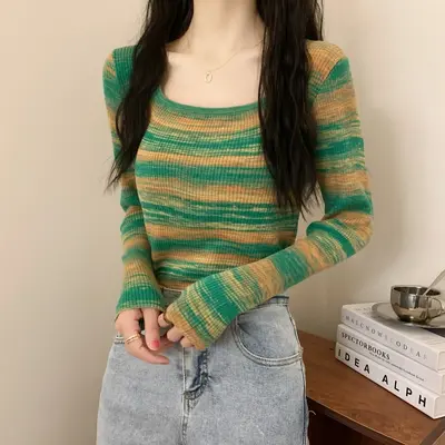 Women's Square Neck Long Sleeve Knit Base Top, Contrast Stripe, Korean Style - 1