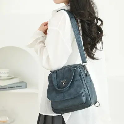 Women's Convertible Backpack and Shoulder Bag, Soft Leather, Retro Style - 3
