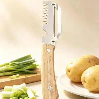 Multifunctional Onion Cutter with Wooden Handle and Bottle Opener, 2-in-1