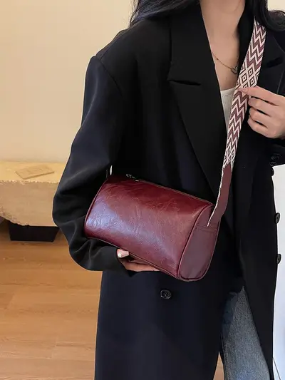 Kadın Düz Renk Retro Silindir Omuz Çantası, Çapraz Askılı