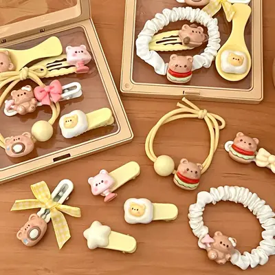New Cute Bear Series Hair Accessories Combination for Girls, Sweet Broken Hair Claw Clip, High Elastic Hair Rope and Wholesale Hair Tie