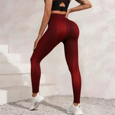 Yoga Pantolonu Kırmızı Gradyan Dikey Çizgili Yüksek Bel, Vücut Hatlı Kadın Fitness Pantolo
