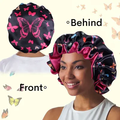 Двухслойная атласная шапочка-бонне для волос с принтом «бабочки» в европейском и американском стиле, косынка-шапочка, купольная защитная шапочка для волос, сонная шапочка с рюшами по краю, шапочка для душа для салона красоты