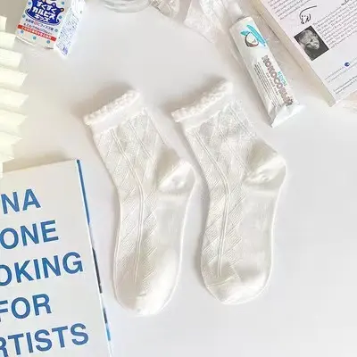 white socks women's socks solid color cotton socks pure white full colored cotton women's socks wholesale mid-calf socks bubble mouth Lolita - 7