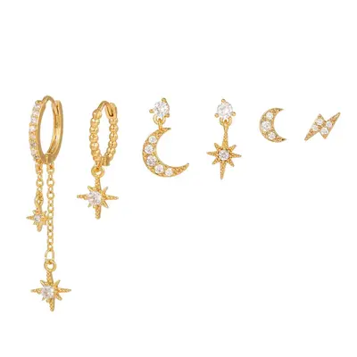 Star and Moon Chain Tassel Earring Set, Hexagonal Zircon - 6