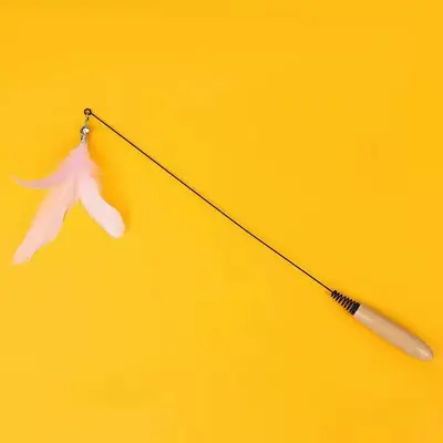 Wooden Handle Cat Teaser Wand with Feather and Bell, Replaceable Heads - 9