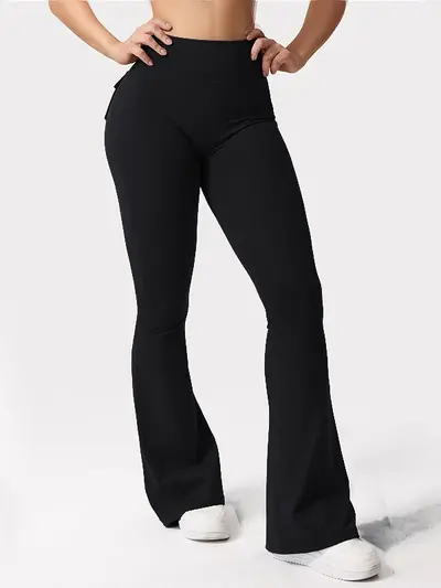 Йога-брюки в стиле workwear цвета персик с карманом на бедре, расклешённые, спортивные быстросохнущие с контролем живота, маленькие сексуальные длинные брюки - 3
