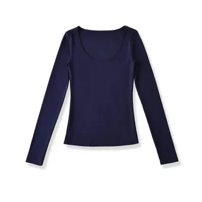 Women's U-Neck Long Sleeve Stretch Base Top, Solid Colour - 9