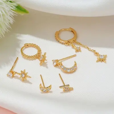 Star and Moon Chain Tassel Earring Set, Hexagonal Zircon - 5
