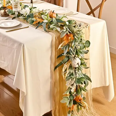 Autumn Thanksgiving Wreath with Pumpkin, Eucalyptus and Acorn Leaves, Rattan Decoration