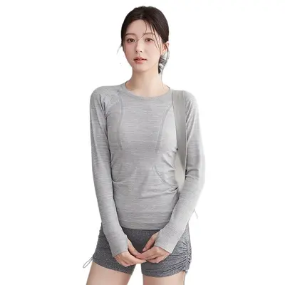 纯色新款瑜伽健身训练服圆领高弹普拉提骑行跑步瑜伽服女t恤批发