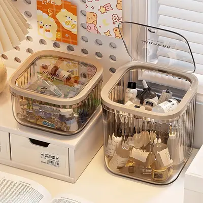 Desktop storage box, cosmetics, transparent with lid - 1