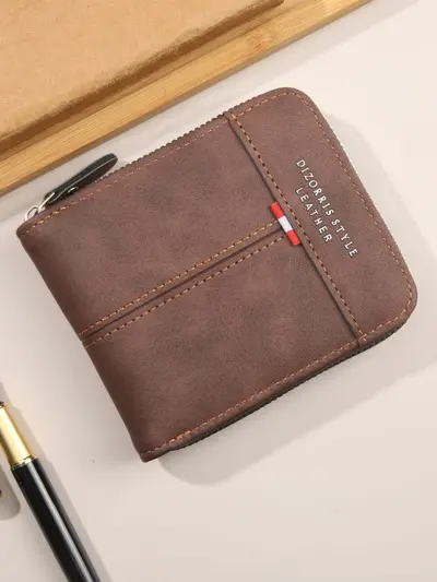 Men's Short Three-Fold Wallet with Zipper Coin Compartment, Retro Buckle - 1