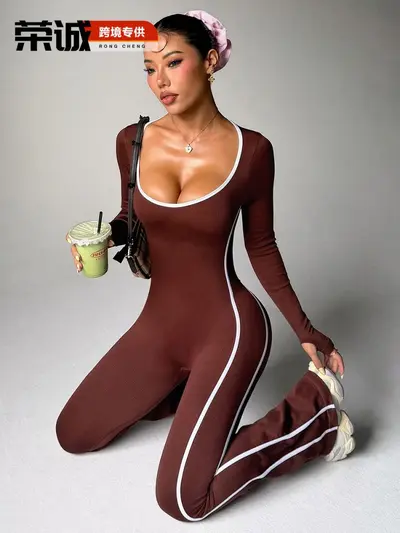 欧美跨境长袖瑜伽连体服女美背撞色运动喇叭裤速干健身长裤瑜伽服 - 4