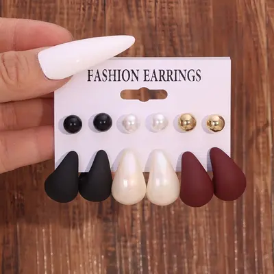 6er Set modische europäische und amerikanische Ohrstecker Ohrringe in Gold, Silber und Schwarz mit runden Perlen Harz Wassertropfen schlicht elegant Perlmutt Perlen