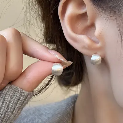 S999 sterling silver needle earstud, metal brushed, unique design - 7