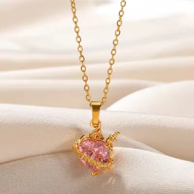 Pink Stone Gold Eros Arrow Heart Flower Necklace, Crystal Women's Necklace
