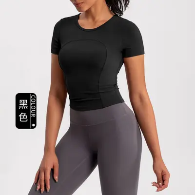 Athena lulu Summer New Yoga Wear Женская футболка с коротким рукавом и встроенными чашечками бюстгальтера, эффект «второй кожи», спортивный топ для бега и фитнеса - 8