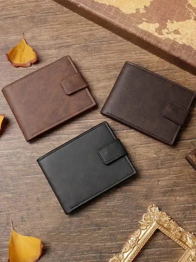 Men's Short Bifold Wallet, Retro Snap Closure Leather Coin Purse - 3