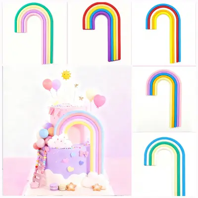 Arch Cake Decoration with Rainbow Soft Rubber Figurine, Red Pink Forest Theme