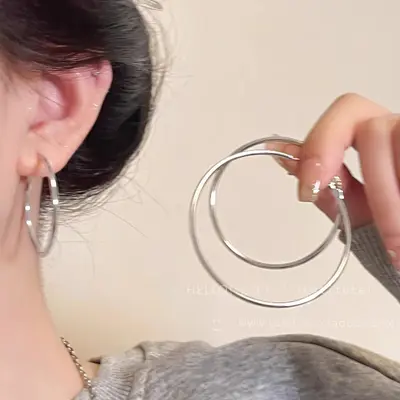 925 Silver Needle Retro Metal Earrings, Geometric Plain Hoop, Women - 7